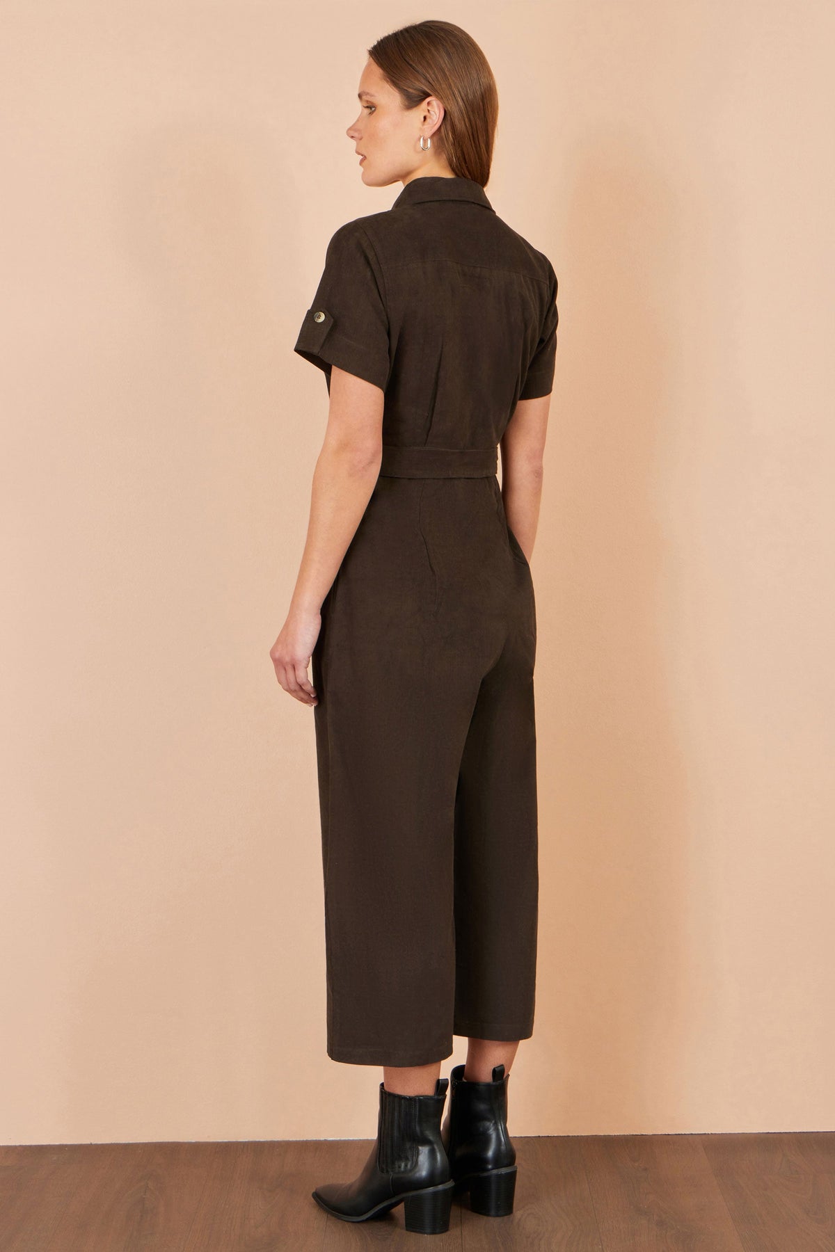 Yumi Women's Brown Cotton Corduroy Wide Leg Jumpsuit with Tie Waist Belt