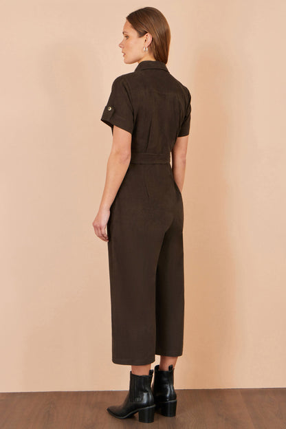 Yumi Women's Brown Cotton Corduroy Wide Leg Jumpsuit with Tie Waist Belt