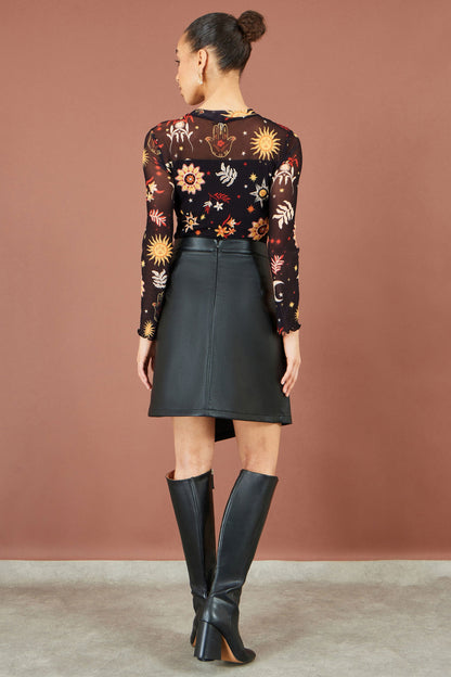 Yumi Black Cosmic Print Mesh Top with Sheer Long Sleeves