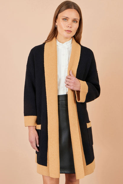 Yumi Black Longline Open-Front Cardigan with Contrast Border