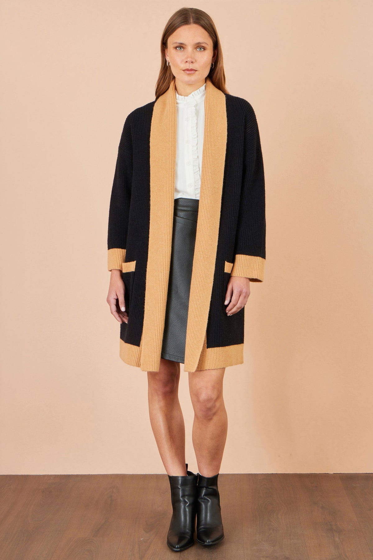 Yumi Black Longline Open-Front Cardigan with Contrast Border