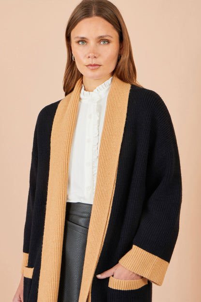 Yumi Black Longline Open-Front Cardigan with Contrast Border