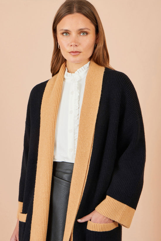 Yumi Black Longline Open-Front Cardigan with Contrast Border