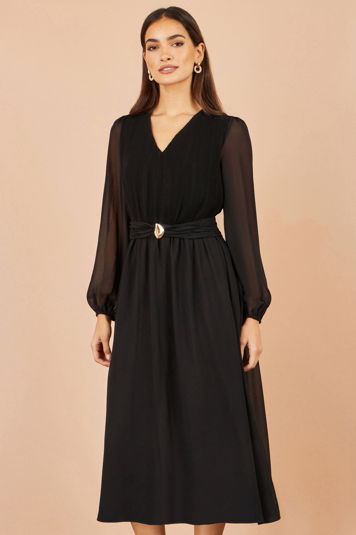 Yumi Black Pleated Midi Dress with Buckle Detail