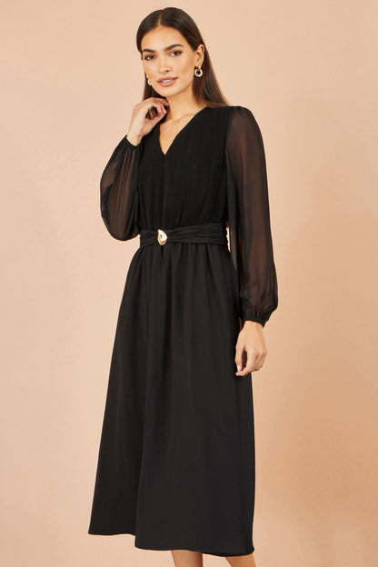 Yumi Black Pleated Midi Dress with Buckle Detail