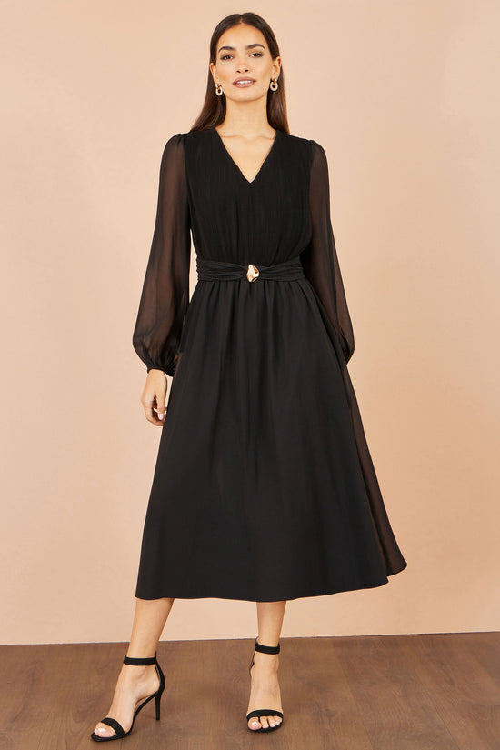 Yumi Black Pleated Midi Dress with Buckle Detail