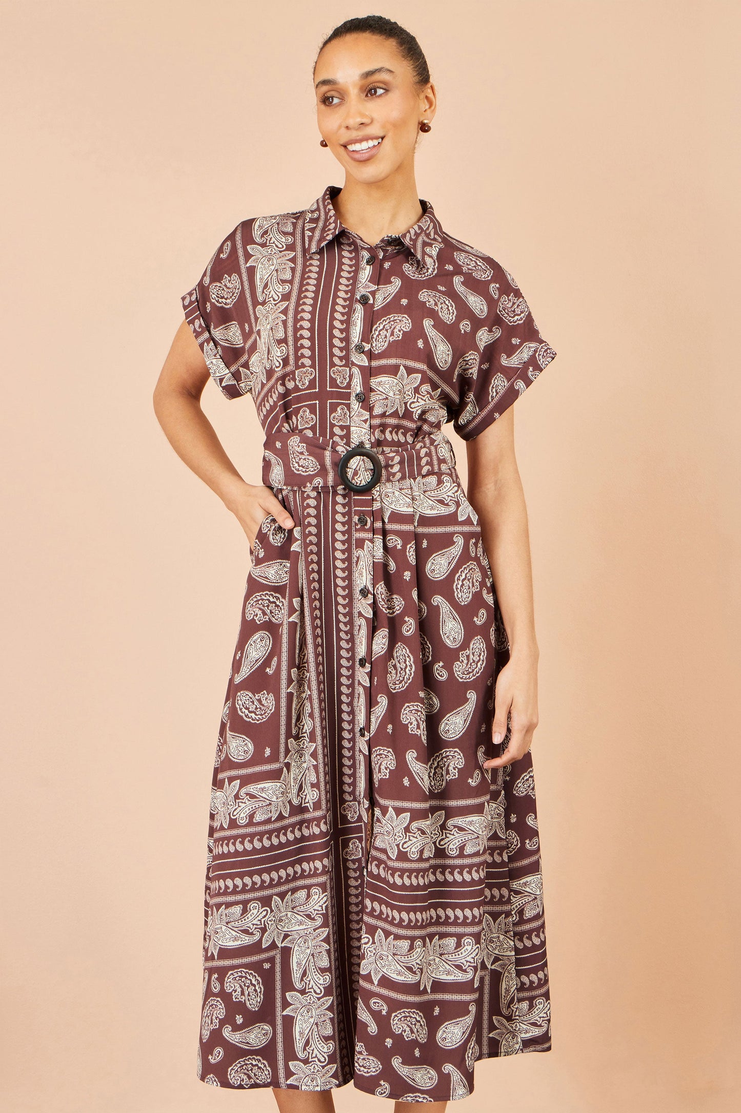 Yumi Women's Brown Paisley Print Belted Midi Shirt Dress