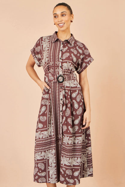 Yumi Women's Brown Paisley Print Belted Midi Shirt Dress