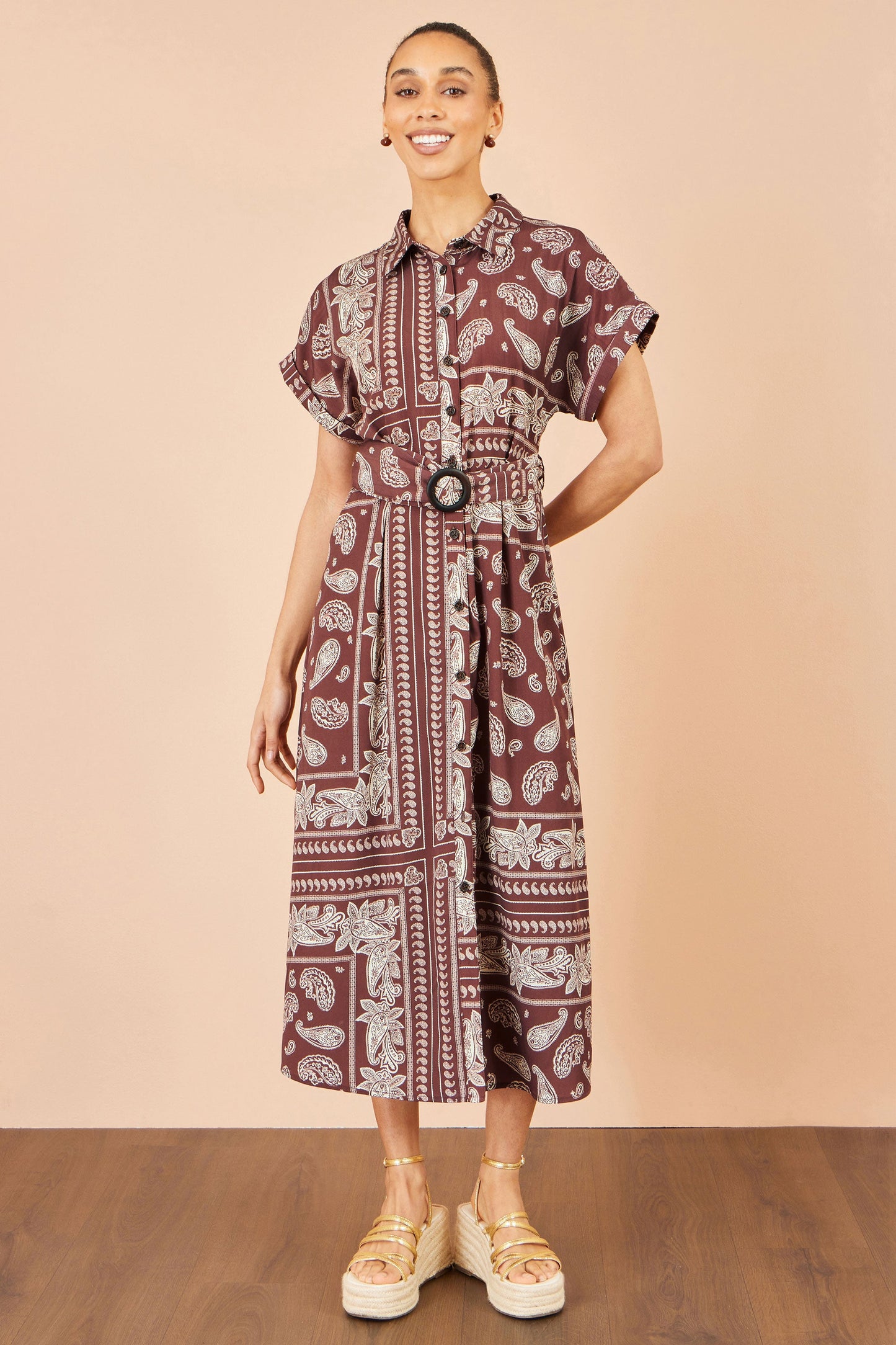Yumi Women's Brown Paisley Print Belted Midi Shirt Dress