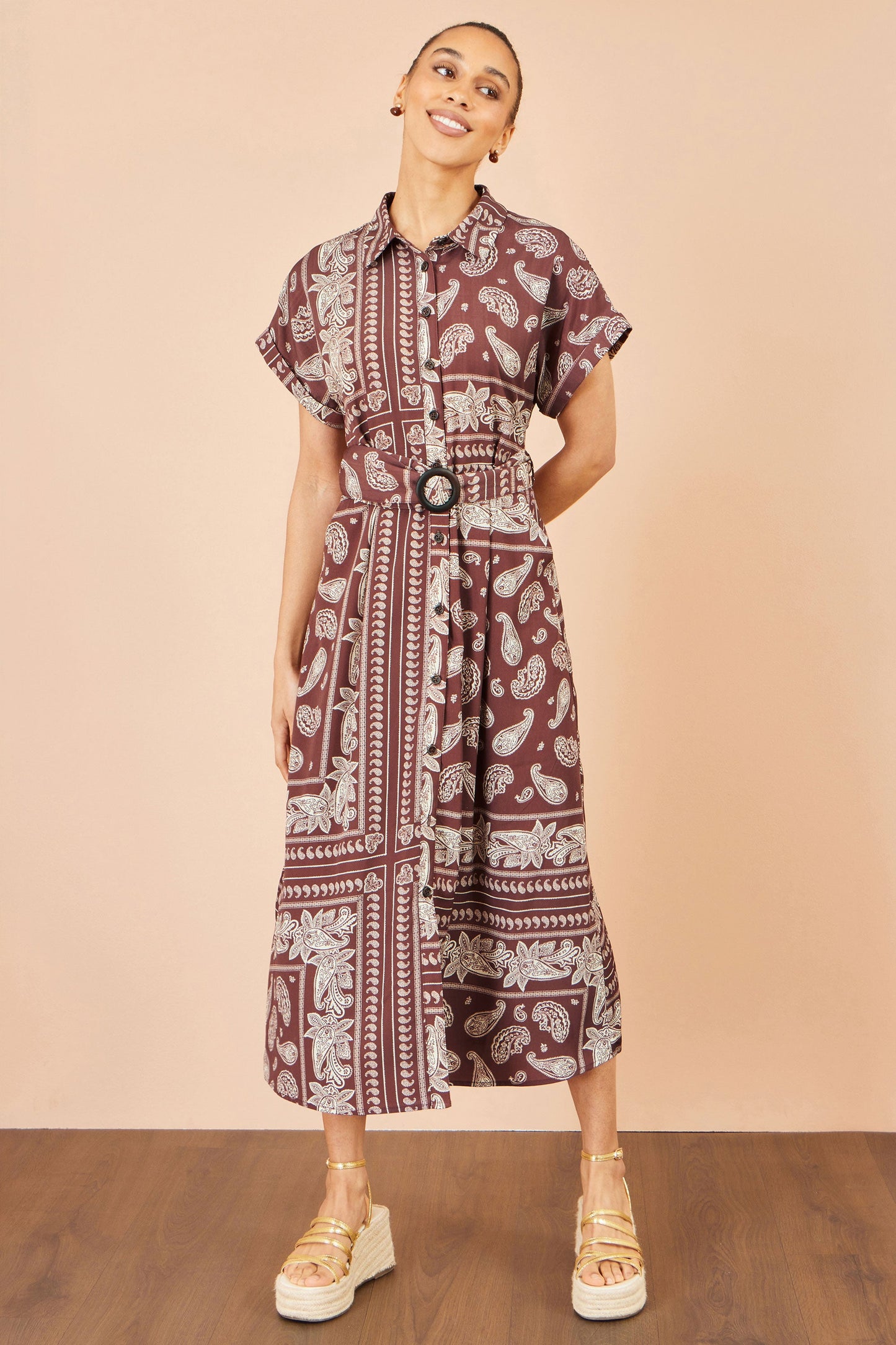 Yumi Women's Brown Paisley Print Belted Midi Shirt Dress