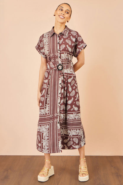Yumi Women's Brown Paisley Print Belted Midi Shirt Dress