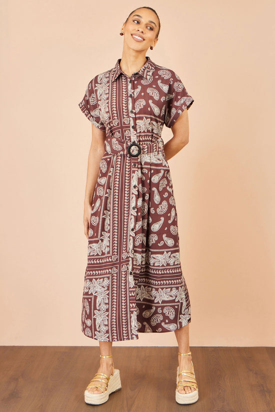 Yumi Women's Brown Paisley Print Belted Midi Shirt Dress