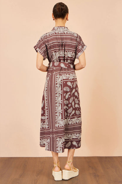 Yumi Women's Brown Paisley Print Belted Midi Shirt Dress