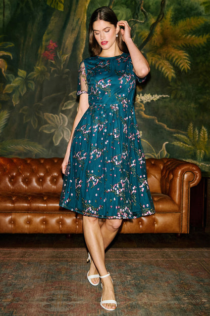 Yumi Women's Teal Floral Embroidered Mesh Midi Occasion Dress Sizes 8–24