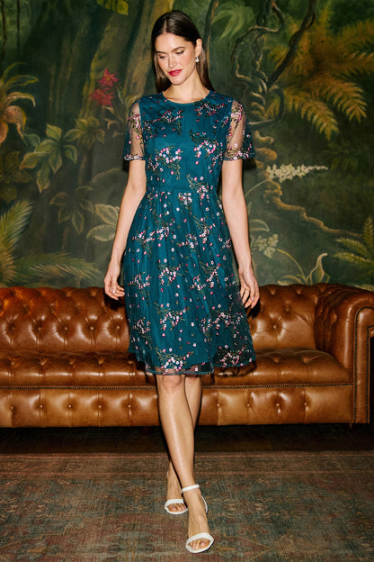 Yumi Women's Teal Floral Embroidered Mesh Midi Occasion Dress Sizes 8–24