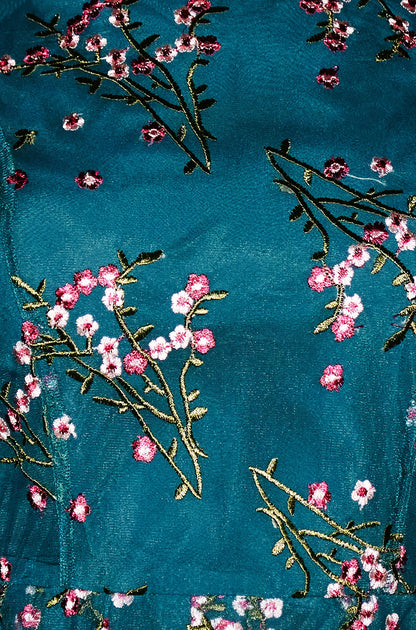Yumi Women's Teal Floral Embroidered Mesh Midi Occasion Dress Sizes 8–24