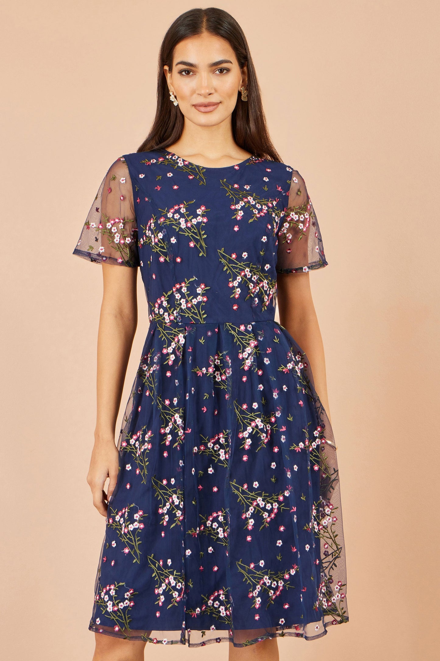 Yumi Women's Navy Floral Embroidered Mesh Midi Occasion Dress Sizes 10–24