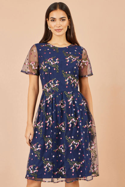 Yumi Women's Navy Floral Embroidered Mesh Midi Occasion Dress Sizes 10–24