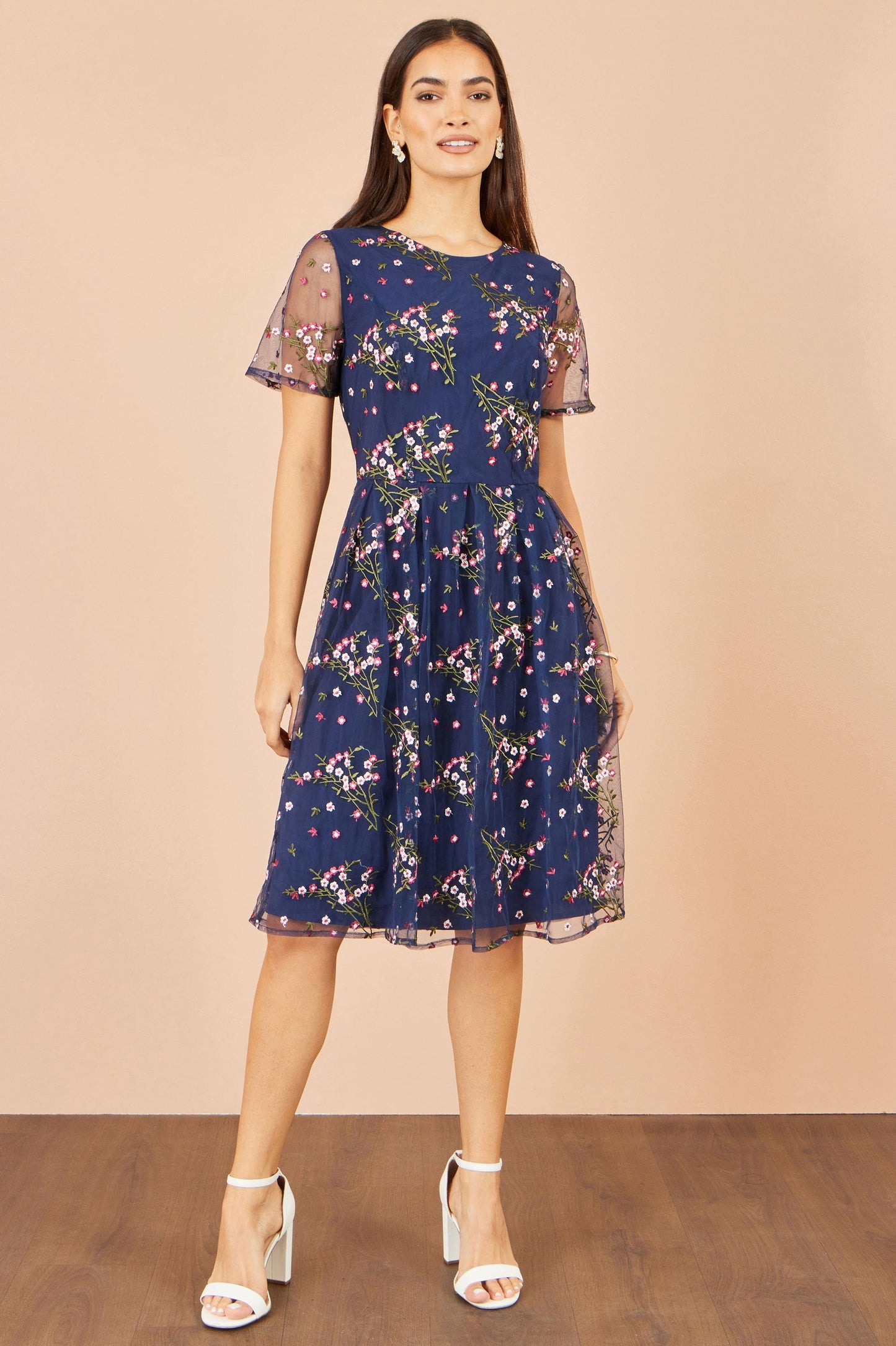 Yumi Women's Navy Floral Embroidered Mesh Midi Occasion Dress Sizes 10–24