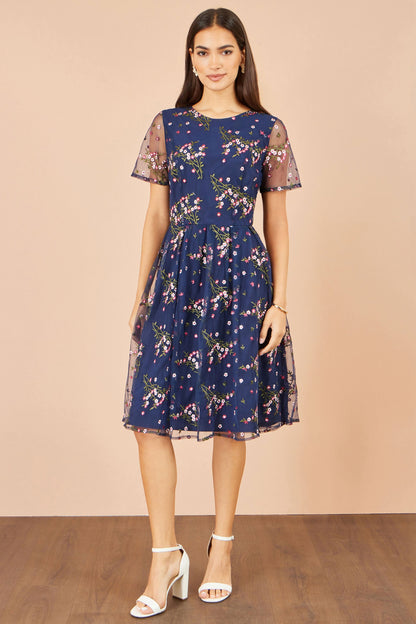 Yumi Women's Navy Floral Embroidered Mesh Midi Occasion Dress Sizes 10–24