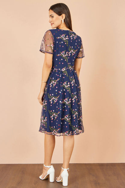 Yumi Women's Navy Floral Embroidered Mesh Midi Occasion Dress Sizes 10–24