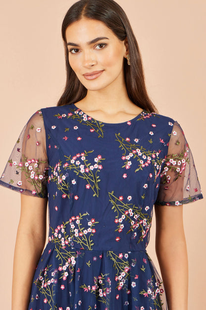 Yumi Women's Navy Floral Embroidered Mesh Midi Occasion Dress Sizes 10–24