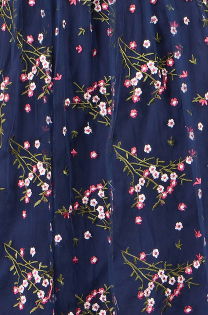 Yumi Women's Navy Floral Embroidered Mesh Midi Occasion Dress Sizes 10–24