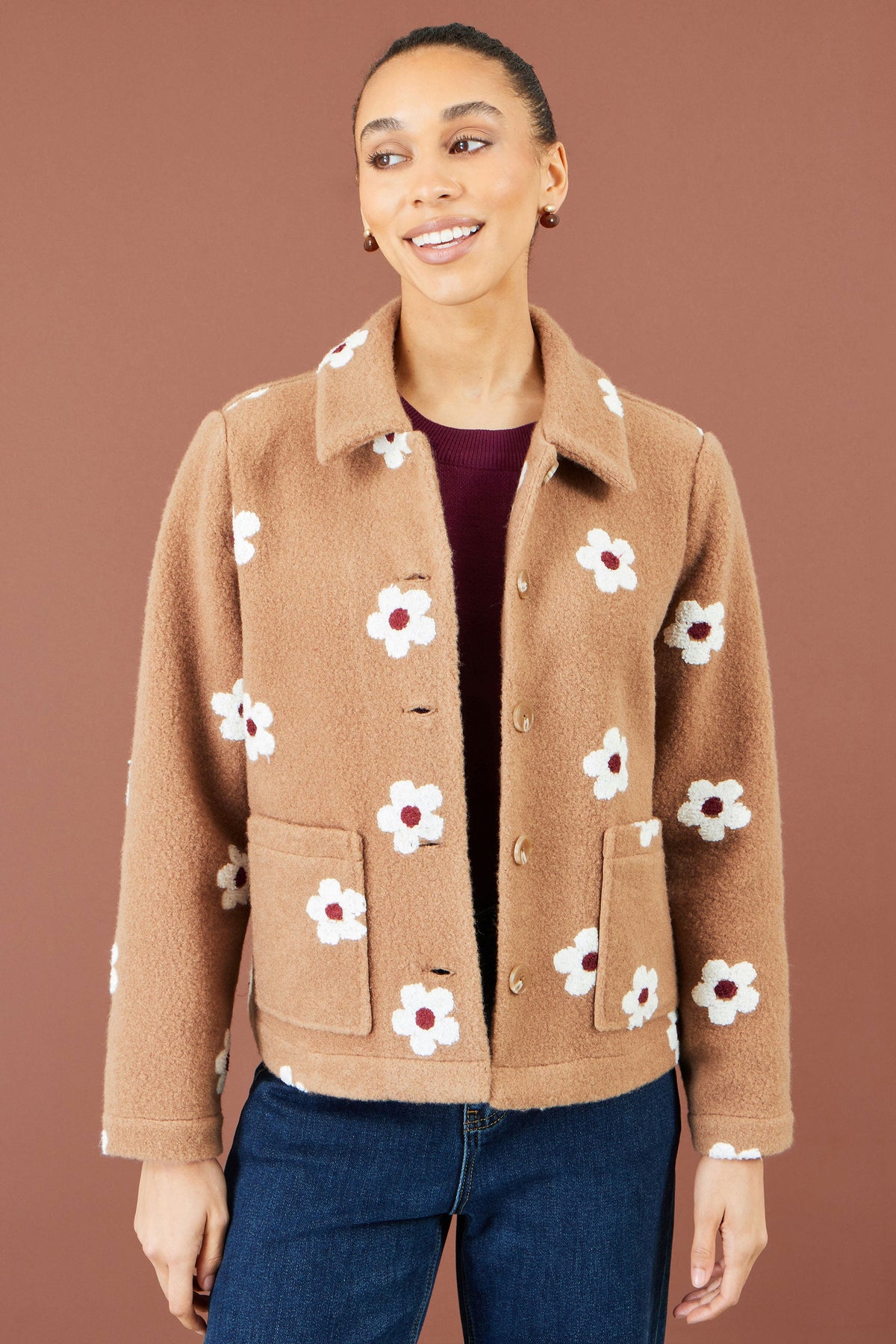 Yumi Women's Cosy Brown Embroidered Daisy Fleece Jacket with Patch Pockets