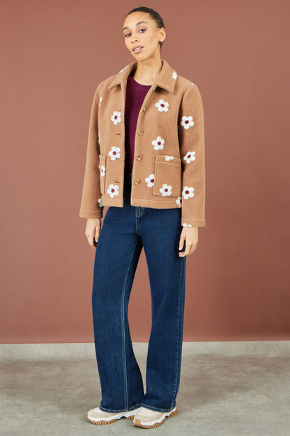 Yumi Women's Cosy Brown Embroidered Daisy Fleece Jacket with Patch Pockets