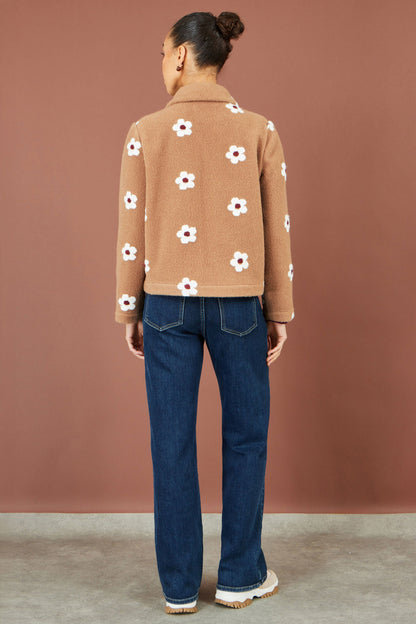 Yumi Women's Cosy Brown Embroidered Daisy Fleece Jacket with Patch Pockets