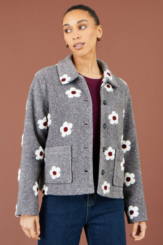 Yumi Women’s Grey Embroidered Daisy Fleece Jacket with Collar and Pockets