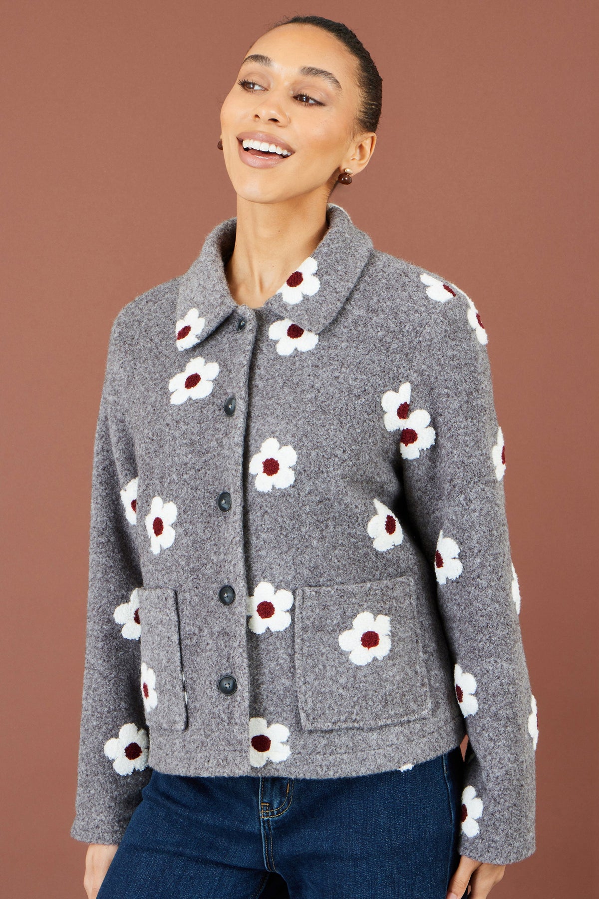Yumi Women’s Grey Embroidered Daisy Fleece Jacket with Collar and Pockets
