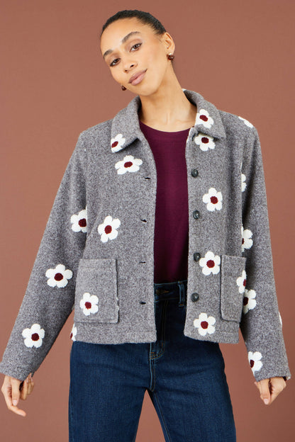 Yumi Women’s Grey Embroidered Daisy Fleece Jacket with Collar and Pockets