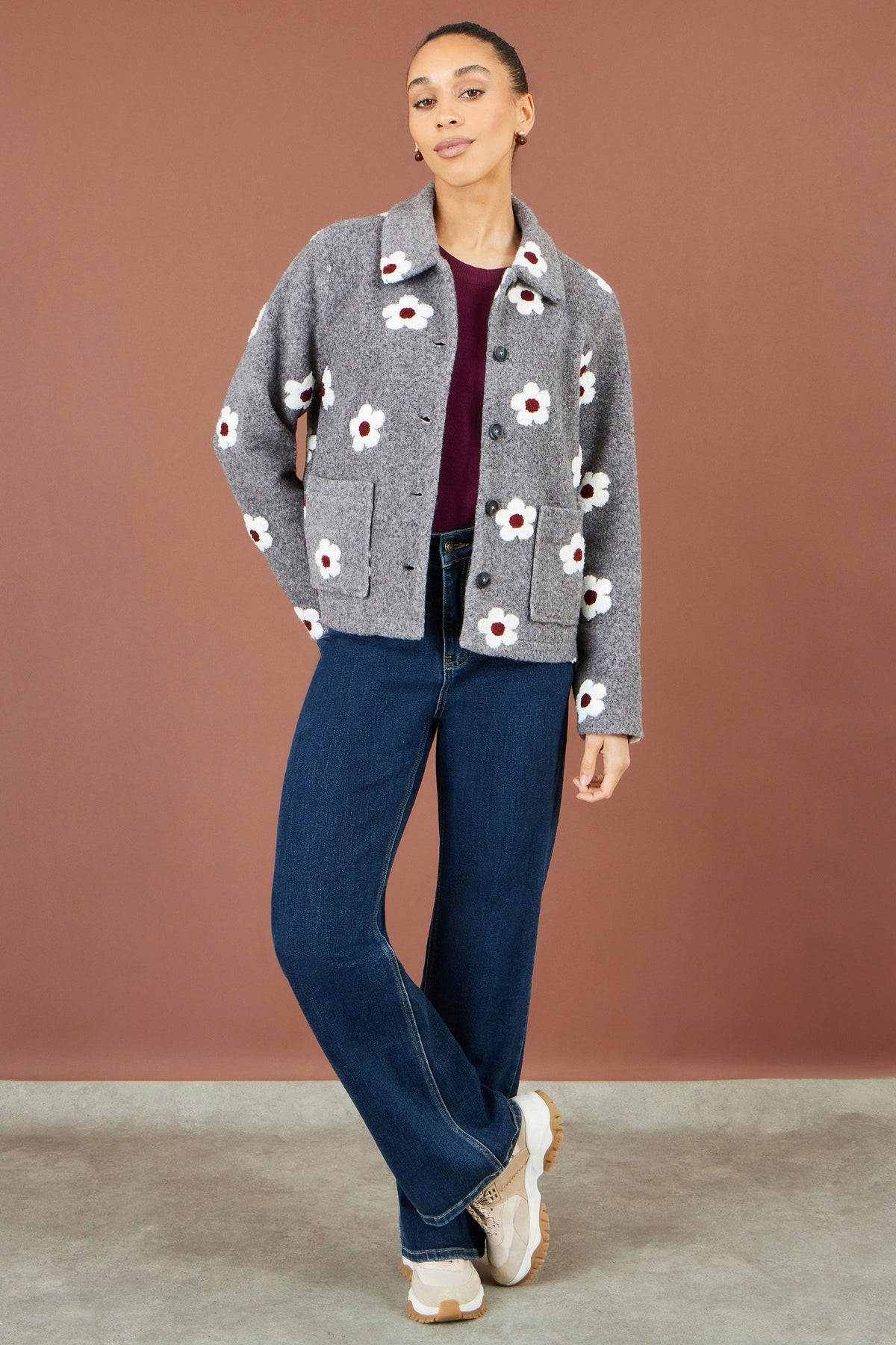 Yumi Women’s Grey Embroidered Daisy Fleece Jacket with Collar and Pockets