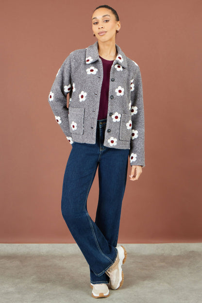 Yumi Women’s Grey Embroidered Daisy Fleece Jacket with Collar and Pockets
