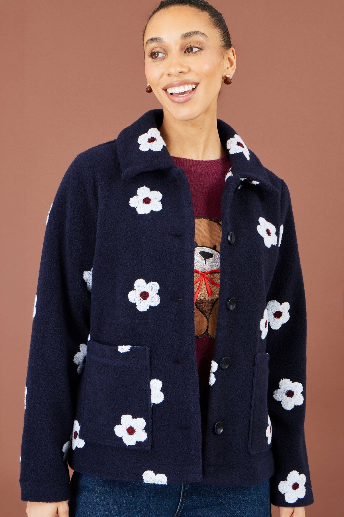 Yumi Women's Navy Embroidered Daisy Fleece Jacket with Button Fastening
