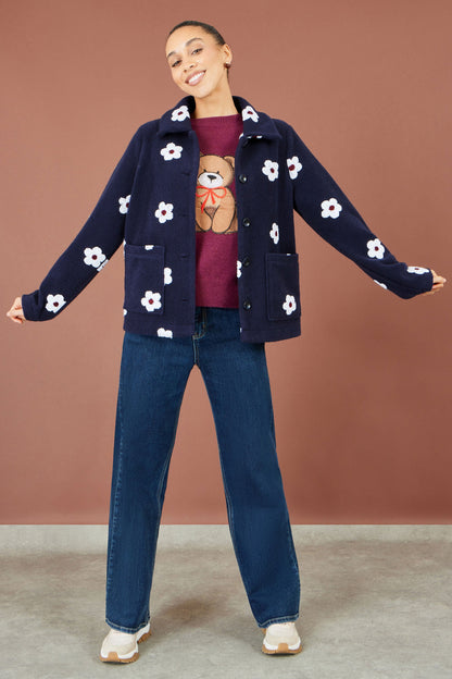 Yumi Women's Navy Embroidered Daisy Fleece Jacket with Button Fastening