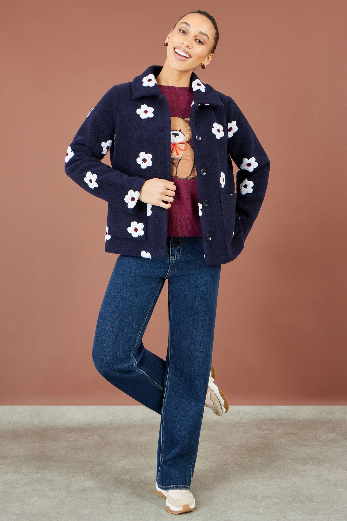 Yumi Women's Navy Embroidered Daisy Fleece Jacket with Button Fastening