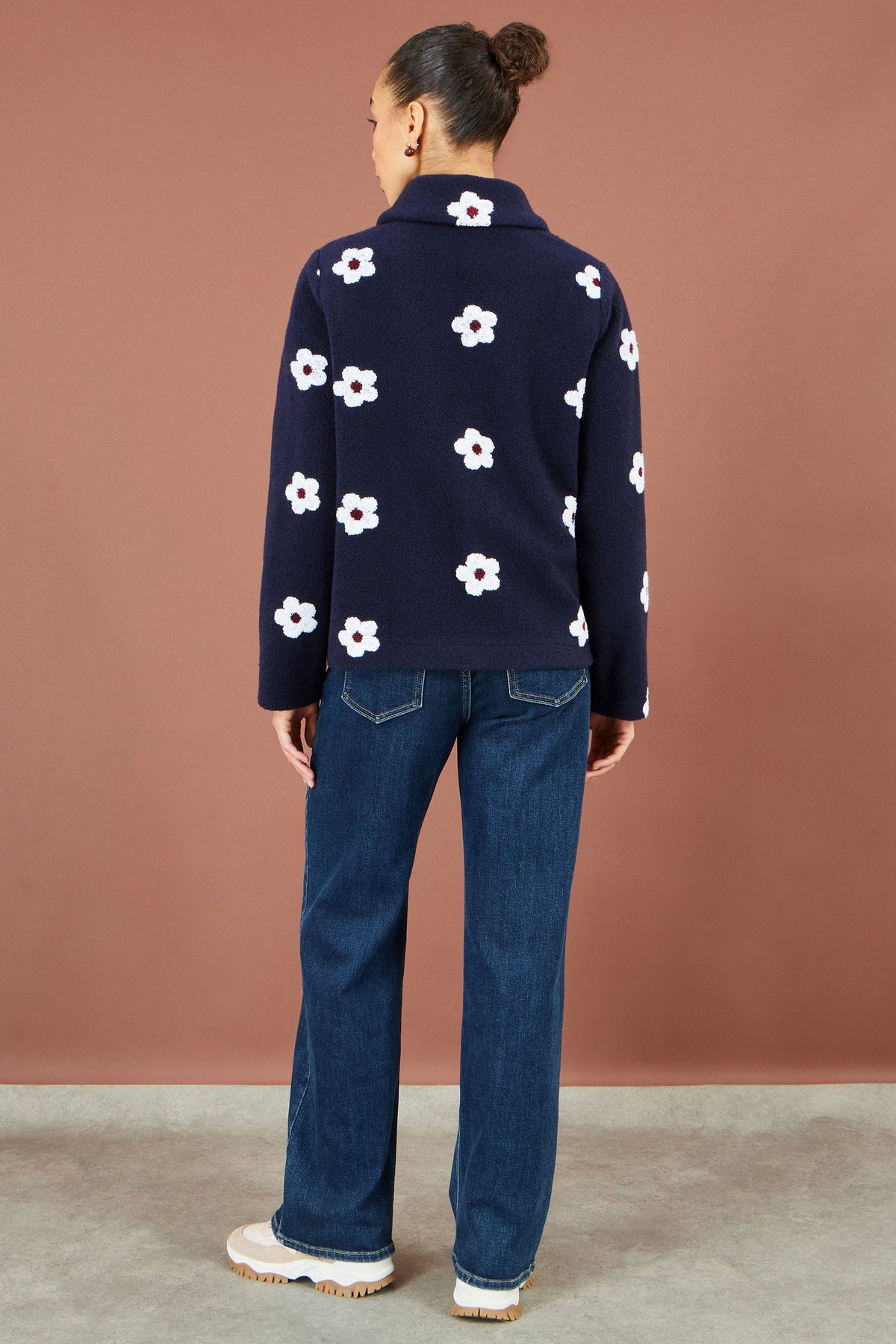 Yumi Women's Navy Embroidered Daisy Fleece Jacket with Button Fastening