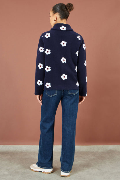 Yumi Women's Navy Embroidered Daisy Fleece Jacket with Button Fastening