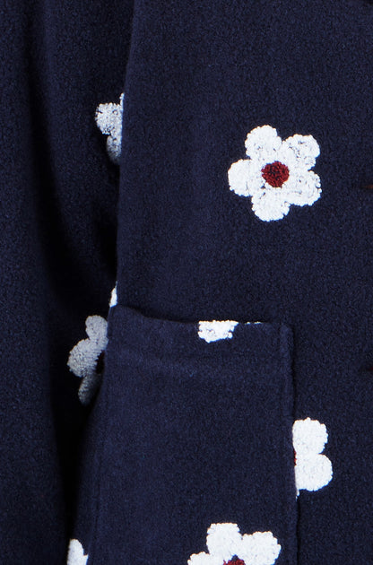 Yumi Women's Navy Embroidered Daisy Fleece Jacket with Button Fastening