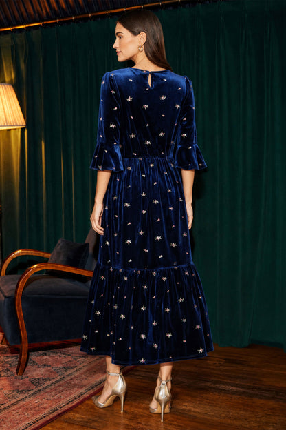 Yumi Women’s Navy Velvet Floral Embroidered Tiered Midi Dress with V-Neck