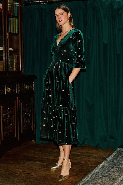 Yumi Women's Green Velvet Embroidered Midi Dress with V-Neck and Tiers