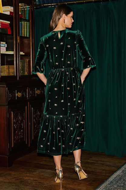 Yumi Women's Green Velvet Embroidered Midi Dress with V-Neck and Tiers