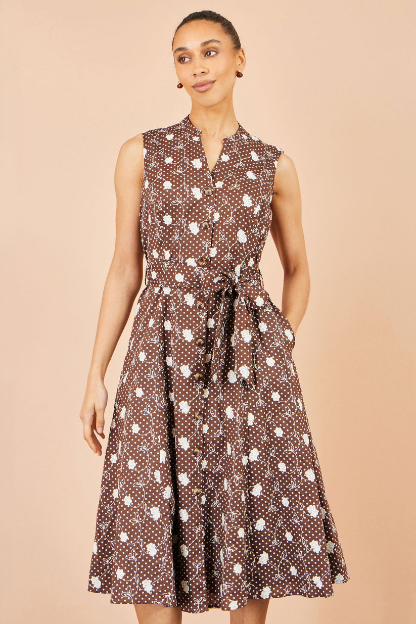 Yumi Brown Cotton Embroidery Shirt Dress