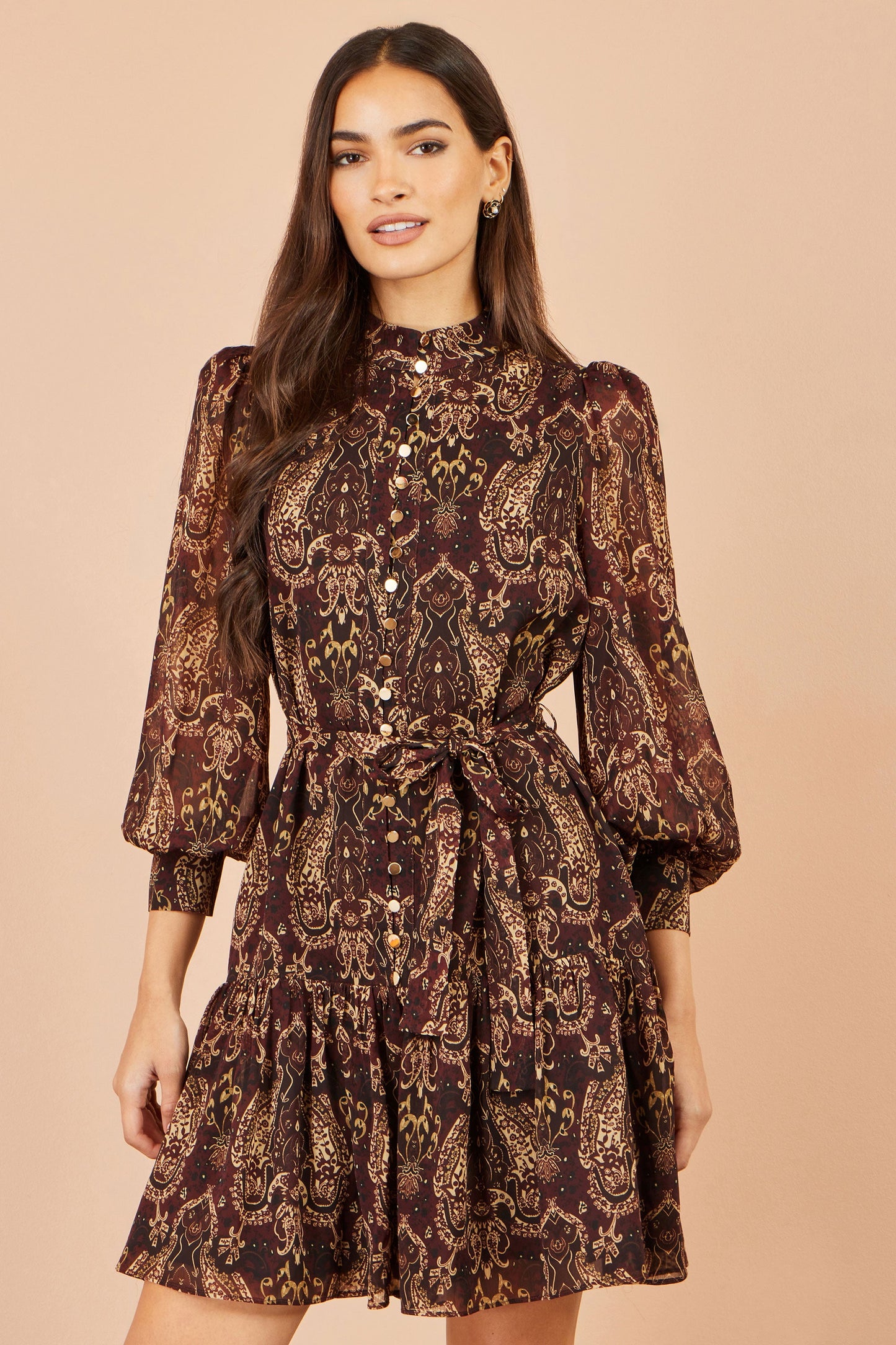Yumi Women's Brown Paisley Print Long Sleeve Shirt Dress