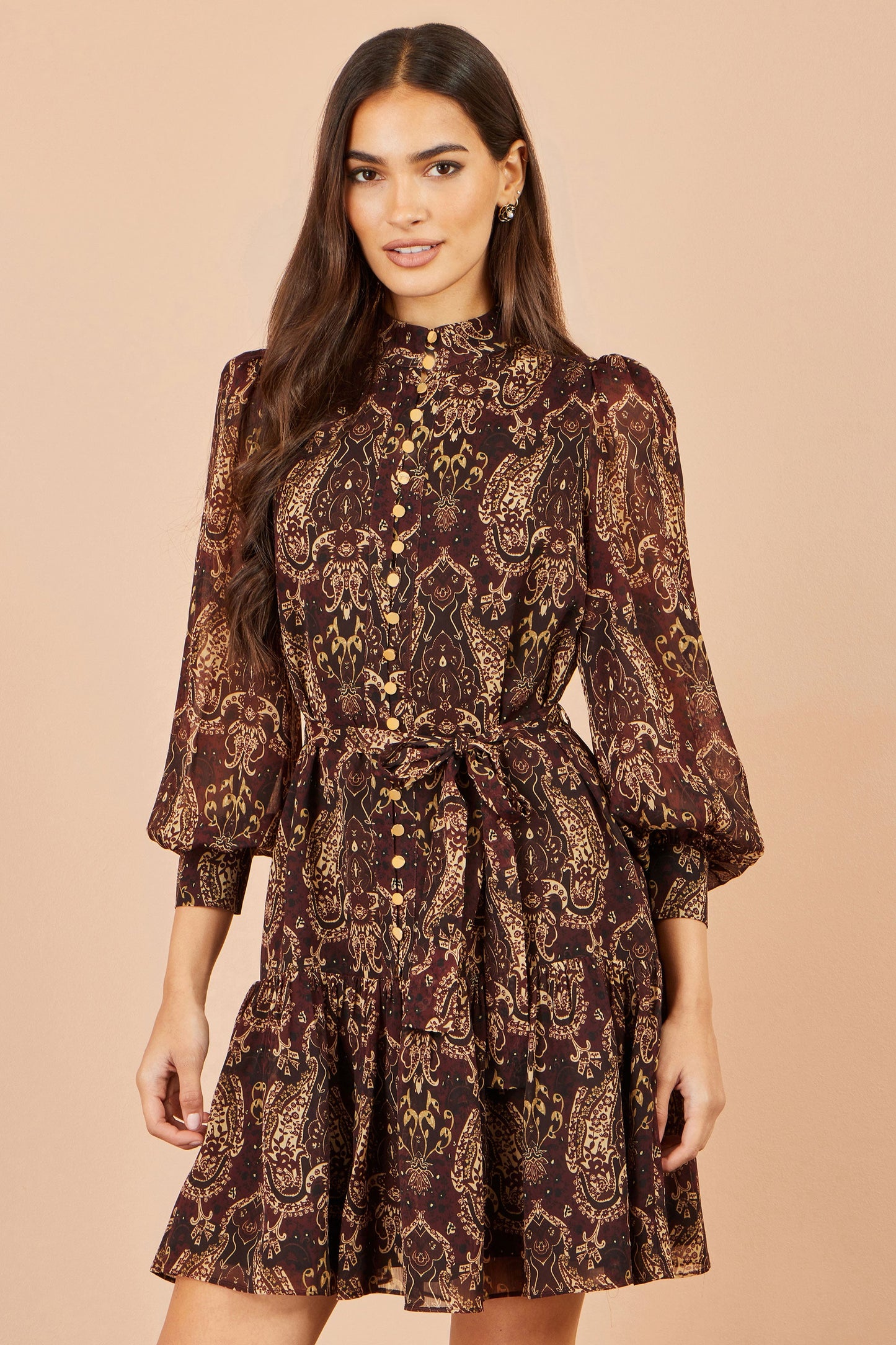 Yumi Women's Brown Paisley Print Long Sleeve Shirt Dress