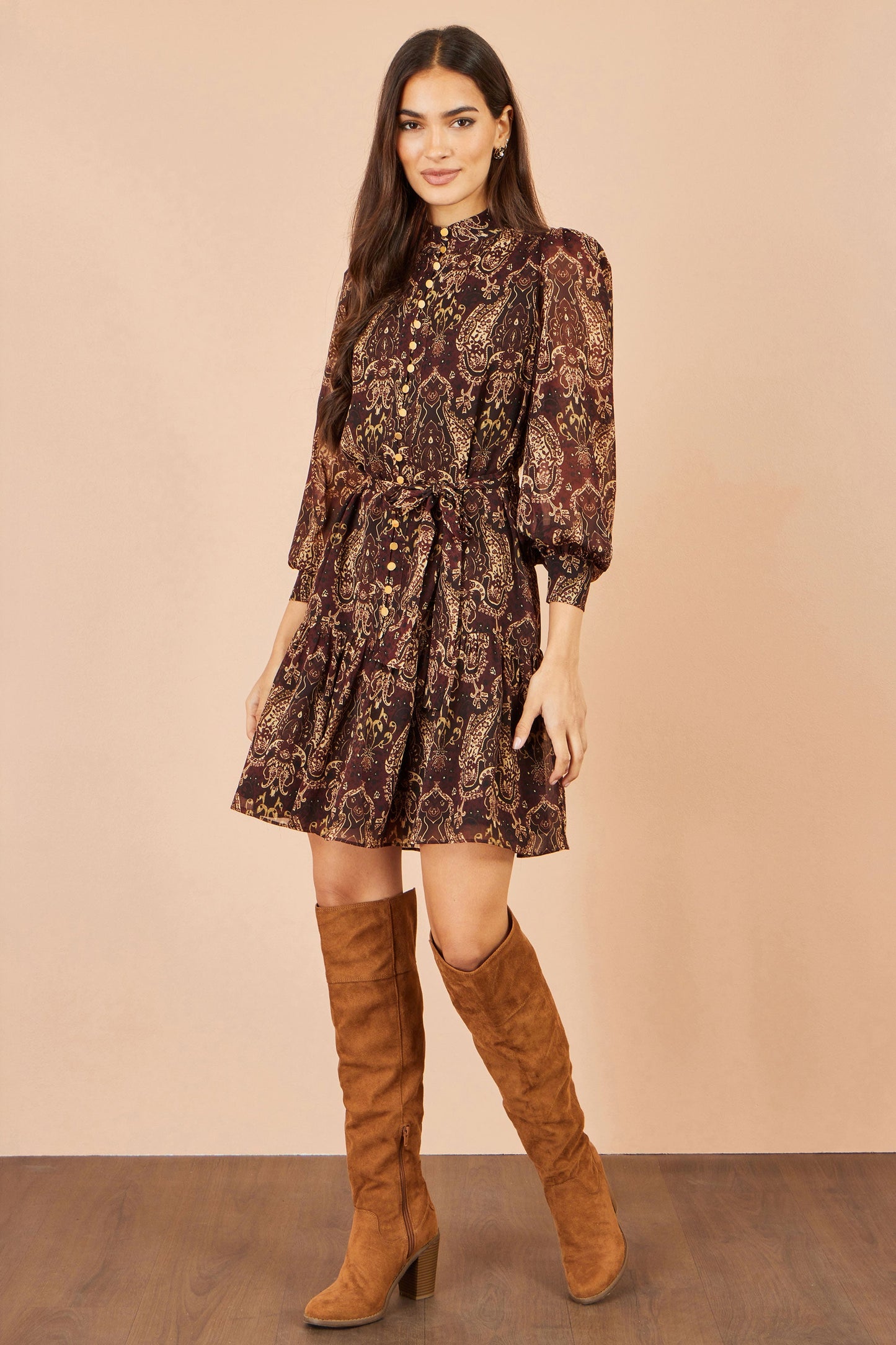 Yumi Women's Brown Paisley Print Long Sleeve Shirt Dress