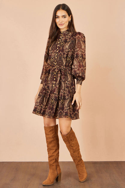 Yumi Women's Brown Paisley Print Long Sleeve Shirt Dress