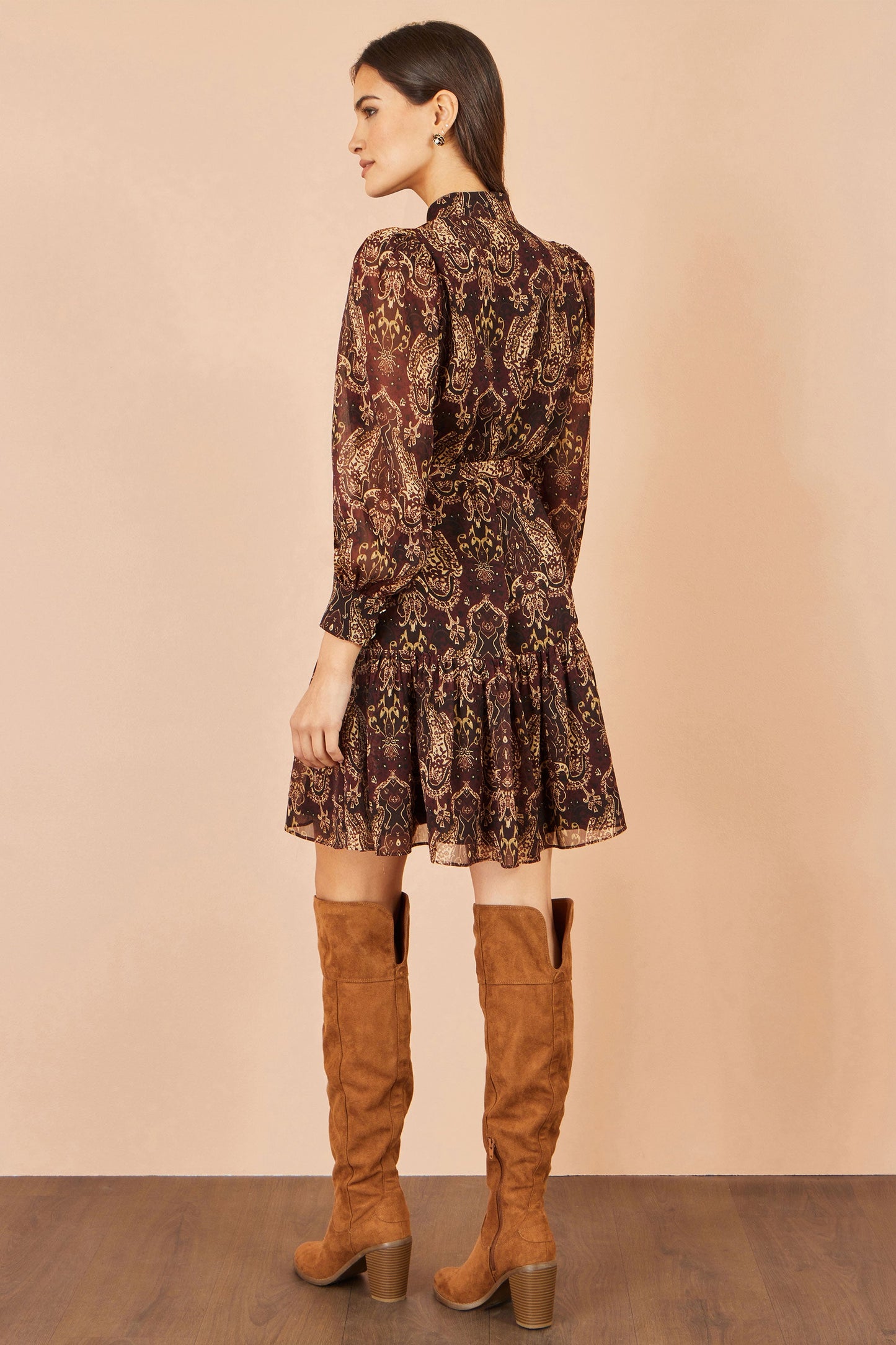Yumi Women's Brown Paisley Print Long Sleeve Shirt Dress